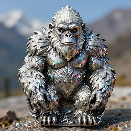 Digital illustration of a muscular, silver-furred, humanoid gorilla with iridescent highlights, standing in a blurred mountainous background. The gorilla