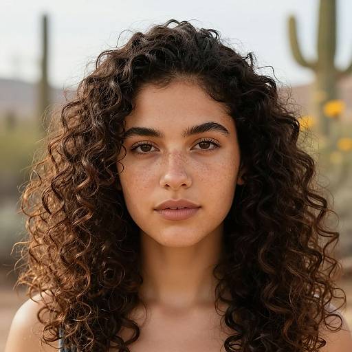 Photograph of a young woman with curly dark brown hair, freckled face, and medium skin tone, standing outdoors against a blurred desert background.