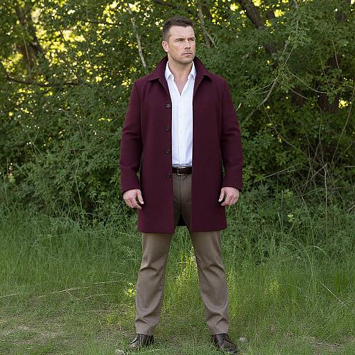 Photograph of a serious, short-haired man in a dark purple coat, white shirt, brown pants, standing in a grassy forest clearing with dense