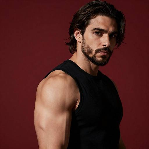 Bearded Muscular Man on Red Background