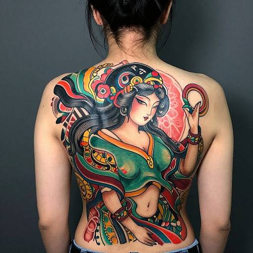 Colorful back tattoo of an Asian woman with long black hair, wearing green and red traditional attire, holding a red orb, against a dark background.