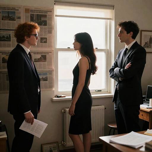 Three People in a Cluttered Room