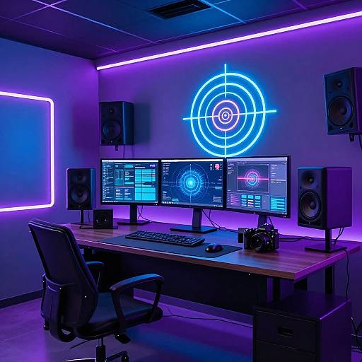 Photograph of a neon-lit, futuristic home office with a wooden desk, dual monitors displaying audio software, blue target hologram on wall, black