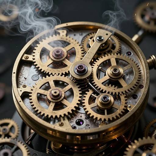 Close-up photograph of intricate brass clock gears with visible smoke, showcasing detailed interlocking cogs and metallic textures against a dark background.