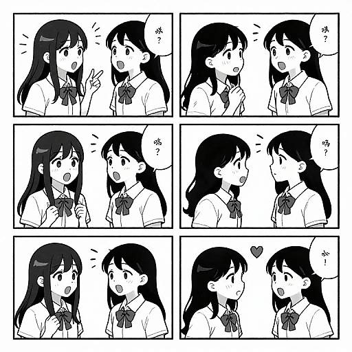 Black-and-white manga-style comic of two girls with long dark hair, school uniforms, and ribbon ties, expressing surprise, curiosity, and affection.
