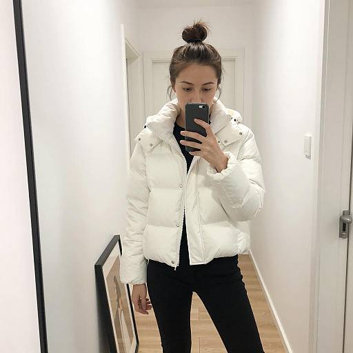 Woman Taking Selfie in White Puffer Jacket