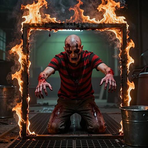 Zombie Man Kneeling Under Flaming Frame