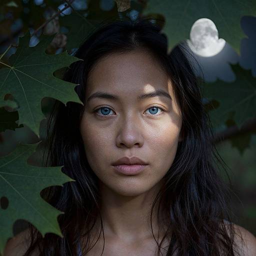Photograph of a young Asian woman with long black hair, blue eyes, and light brown skin, standing in shadows with a full moon peeking through