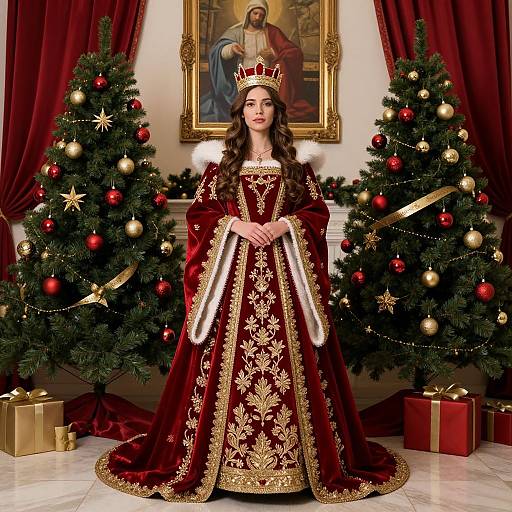 Photograph of a woman in a regal red and gold velvet gown with crown, standing between two decorated Christmas trees, holding a book, in a