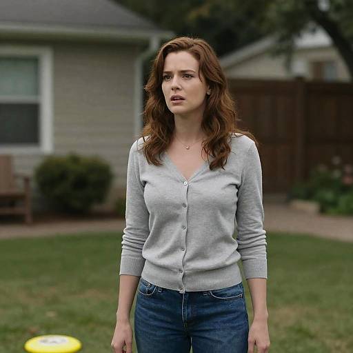 Photograph of a Caucasian woman with wavy brown hair, wearing a gray cardigan and blue jeans, standing in a suburban backyard. Background includes a