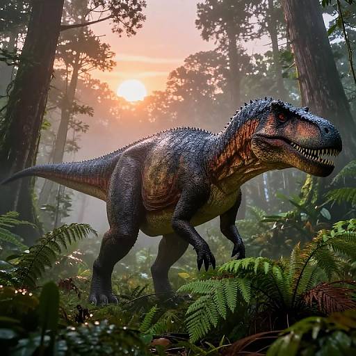 Giganotosaurus in Misty Rainforest Sunrise