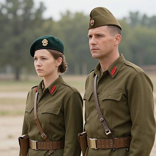 Photograph of a stern-faced male and female soldier in green military uniforms, red collars, and berets, standing outdoors with forest background.