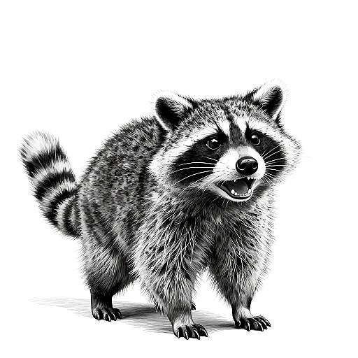 Digital drawing of a detailed, black-and-white raccoon with a bushy tail, looking to the right, against a plain white background.