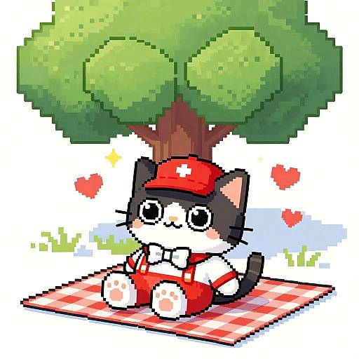 Retro Pixel Art Cat Picnic Scene