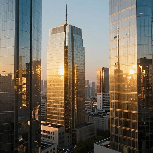 Photograph of a cityscape at sunset, featuring three tall, reflective glass skyscrapers with golden sunlight reflections, surrounded by shorter buildings, creating a