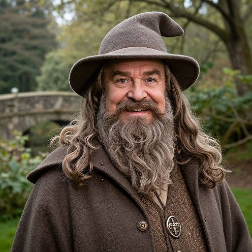 Photograph of an older man with long, wavy gray hair and beard, wearing a dark brown wizard hat and cloak, smiling outdoors with a stone