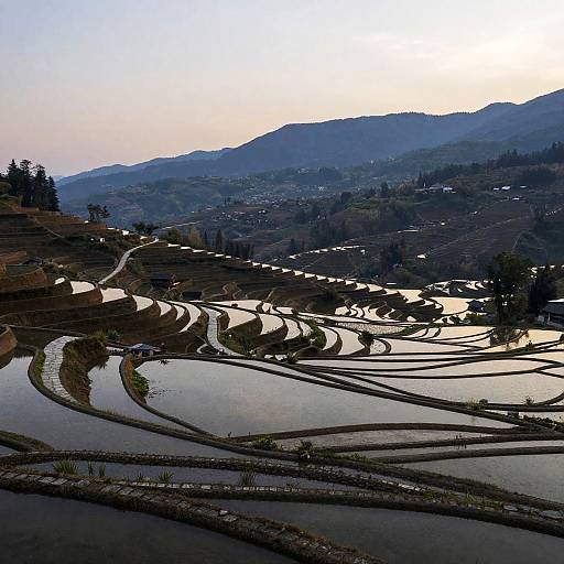 Photograph of terraced rice fields in a mountainous landscape at sunrise, with winding water channels reflecting sunlight and distant hills.