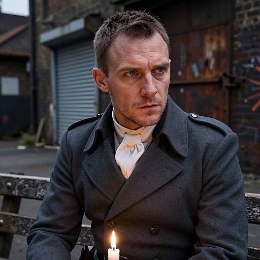 Photograph of a serious, short-haired man in a dark, double-breasted suit with a white cravat, holding a lit candle, against