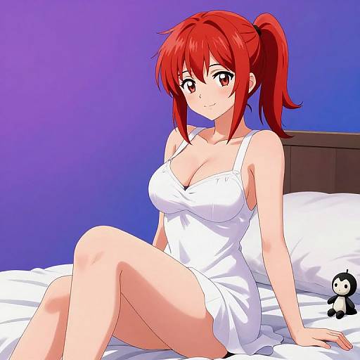Anime-style digital drawing of a red-haired girl in a white, low-cut nightdress, sitting on a bed with a purple wall, and a small