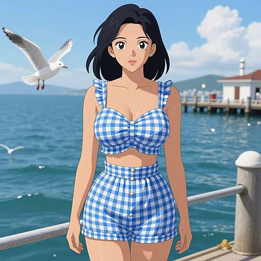 Digital anime-style drawing of a fair-skinned woman with black hair, wearing blue-and-white checkered bikini top and shorts, standing on a pier with