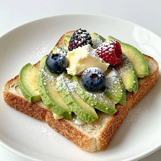 Photograph of a toasted sandwich with avocado slices, blueberries, raspberries, cream, and powdered sugar on a white plate.