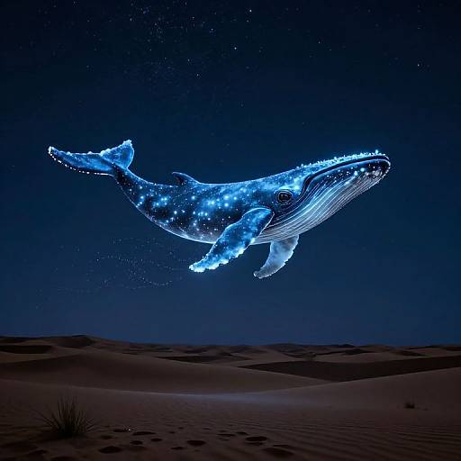Glowing blue holographic whale swims through a star-filled night sky over a dark desert dune landscape. Digital artwork.