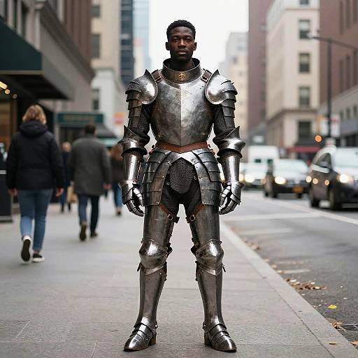 Photograph of a Black man in full silver medieval armor standing on a city sidewalk, with blurred pedestrians and buildings in the background. Urban street scene,