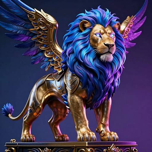 Digital artwork of a golden lion with vibrant blue mane, purple highlights, and metallic wings, standing on a pedestal against a dark gradient background.