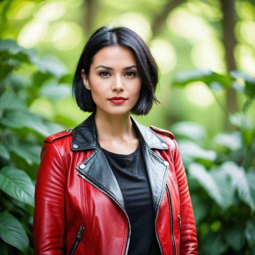 Young woman in red leather jacket outdoors