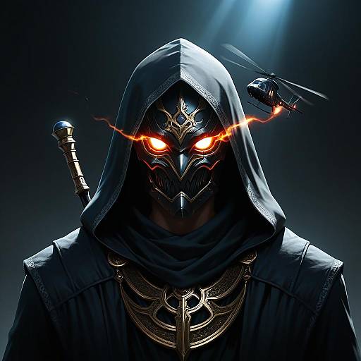 Masked Sorcerer with Glowing Eyes and Helicopter