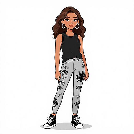 Digital drawing of a confident woman with wavy brown hair, wearing a black sleeveless top, white graffiti-patterned pants, and black sneakers, standing