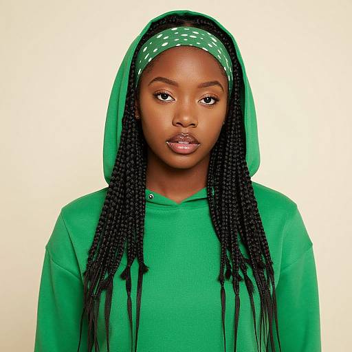 Photograph of a young black woman with dark skin, long braids, wearing a green hoodie and matching green polka-dotted headband, against