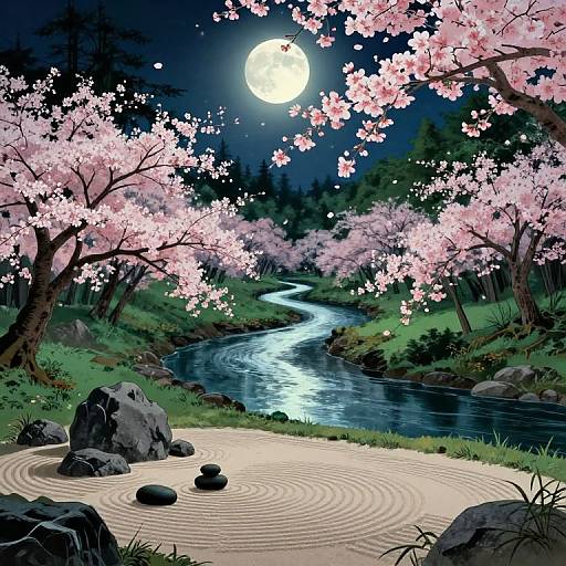Digital artwork of a serene night landscape with a full moon, cherry blossom trees, a winding river, and a stone raked sand area.