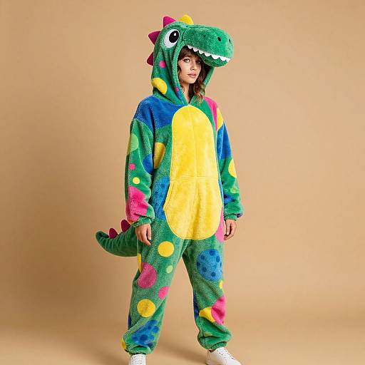 Photograph of a young person wearing a colorful, dinosaur-themed onesie with green head, yellow chest, and rainbow polka dots, standing against a