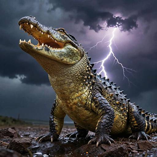 Photograph of a large crocodile with textured, greenish-yellow scales and sharp spikes, roaring under a dramatic, lightning-filled, dark stormy sky