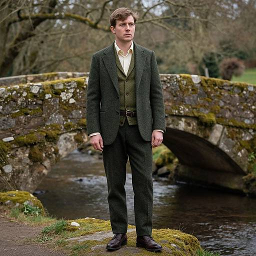 Photograph of a young, Caucasian man in a dark tweed suit standing on a mossy bridge over a small, flowing stream in a wooded area
