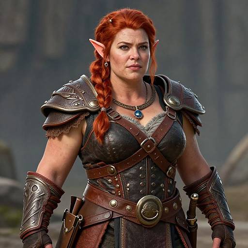 Photorealistic CGI of a strong, red-haired elf woman with pointed ears, wearing detailed, dark leather armor with metal accents, standing in a rocky