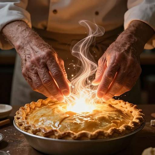 Photograph of an elderly chef's wrinkled hands igniting a flaky, golden-brown pie crust with a bright, fiery flame in a kitchen