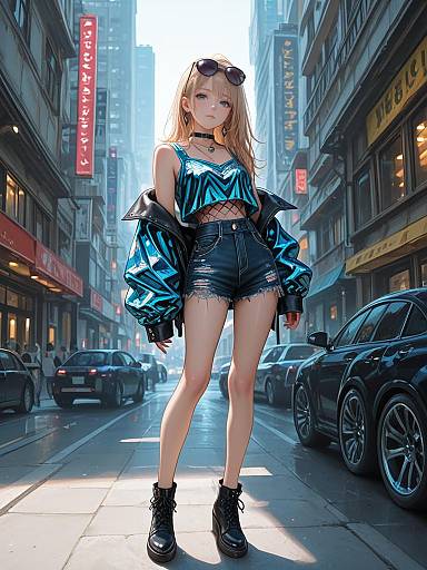 Trendy woman in metallic blue crop top and denim shorts