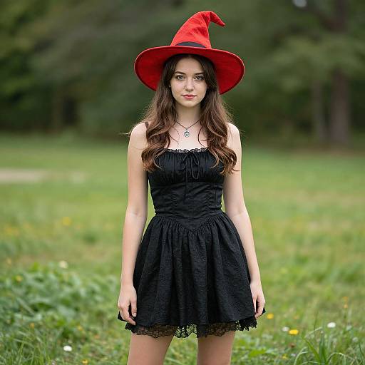 Photograph of a young woman with long brown hair, wearing a red witch hat and black lace dress, standing in a grassy field with blurred green