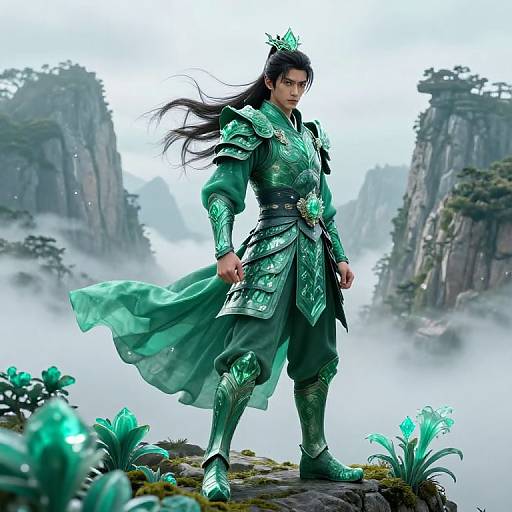 Digital artwork of a fierce, armored Asian warrior in emerald green attire, standing on a misty cliff with towering cliffs and glowing plants in the background