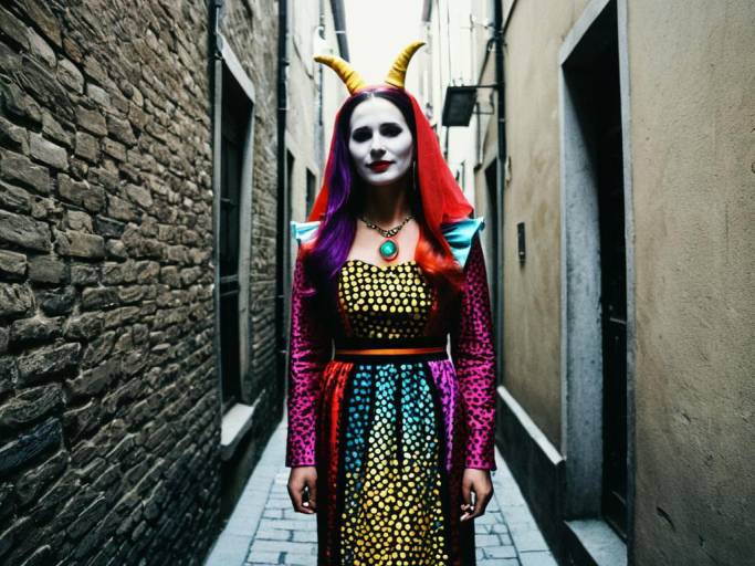 Woman in Colorful Costume with Face Paint in Narrow Alley