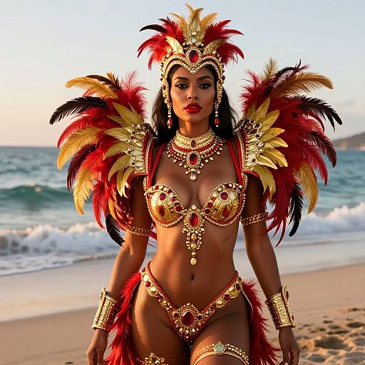 Photograph of a Black woman with dark skin, wearing a gold and red feathered headdress, bikini adorned with jewels, and elaborate gold jewelry,