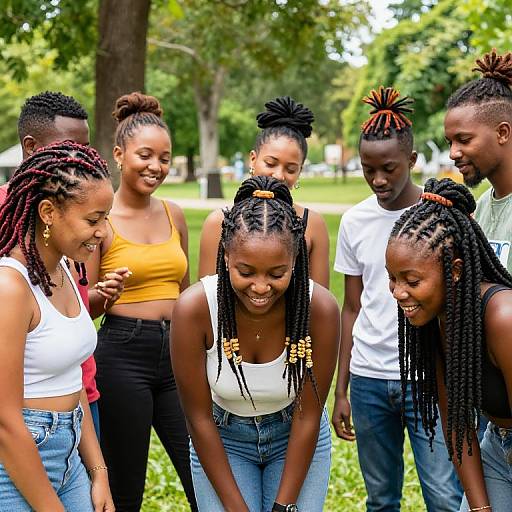 Photograph of six smiling Black teenagers with braided hair, wearing casual clothes, standing in a green park, leaning forward, laughing.