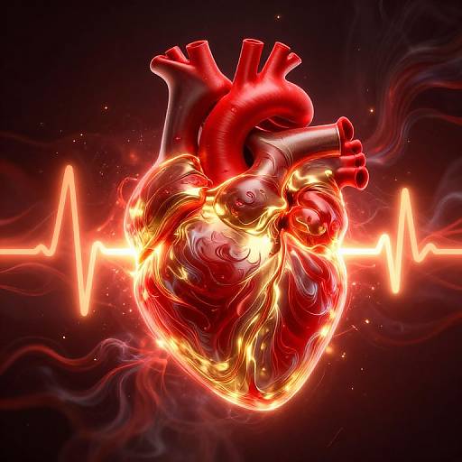 Digital artwork of a glowing, fiery human heart with red arteries against a black background, highlighted by an orange ECG heartbeat line.
