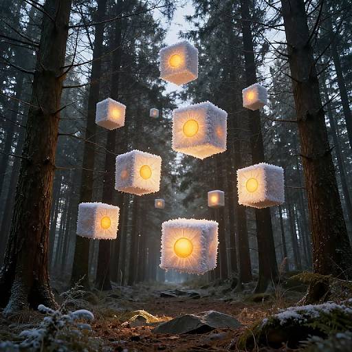 Sunlit Forest with Floating Cubes