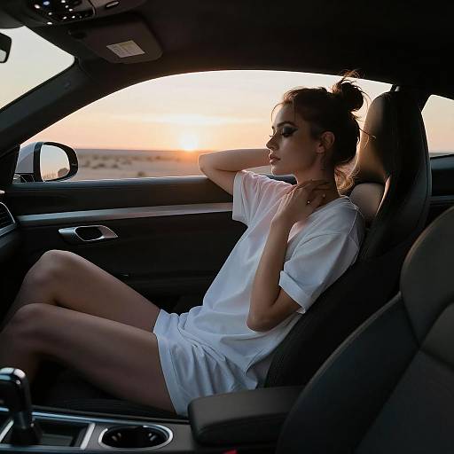 Reclining Woman in Sporty Coupe at Sunset