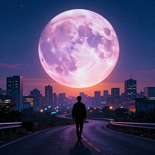 Silhouette Walking Towards Giant Glowing Moon Over City