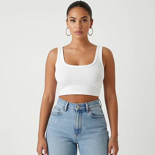 Photograph of a young Black woman with a sleek bun, wearing a white tank top and high-waisted light blue jeans, standing against a plain