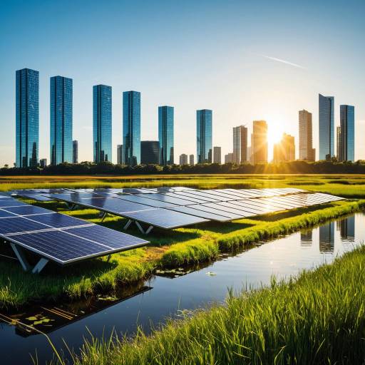 Solar Panels on Wetlands with City Skyline at Sunset